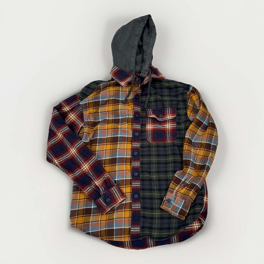 American Eagle Flannel Shacket Mens Plaid Removable Hood Patchwork Sz XS